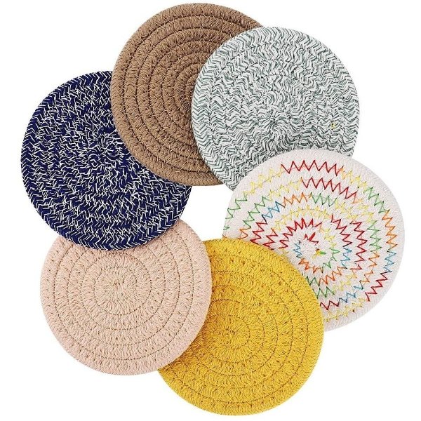 Accmor Absorbent Drink Coasters, 6 Pack Handmade Cotton Round Coasters