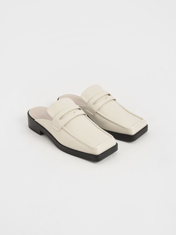 Chalk Square Toe Penny Loafer Mules | CHARLES &amp; KEITH