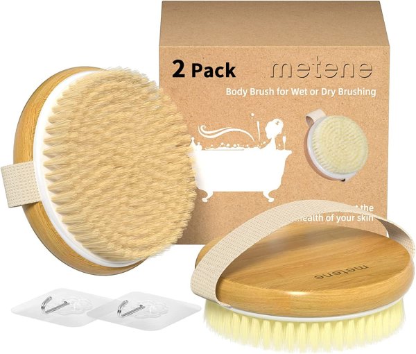 Metene 2 Pack Bamboo Dry Body Brushes, Shower Brush Wet and Dry Brushing
