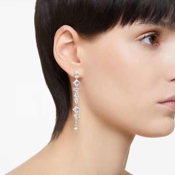 Mesmera drop earrings Asymmetrical design, Mixed cuts, Long, White, Rhodium plated