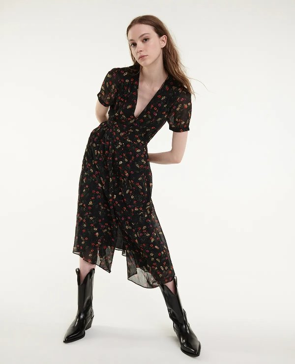 Long printed dress with belted waist
