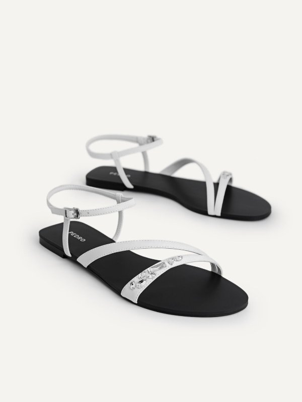 Embellished Satin Strappy Sandals - White