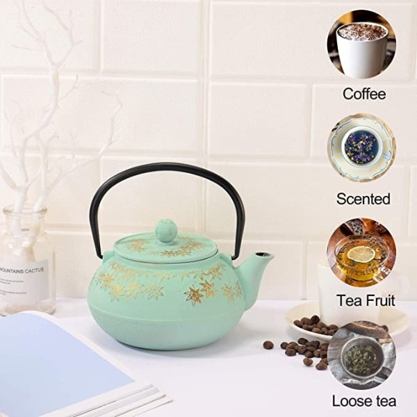 JOYYANGFANG Cast Iron Teapot,Japanese Style,Stovetop Safe Cast Iron Tea Kettle Coated with Enameled Interior for Coffee,Tea Bags,Loose Tea, Maple Leaf Pattern, 30oz (900 ml)，Green