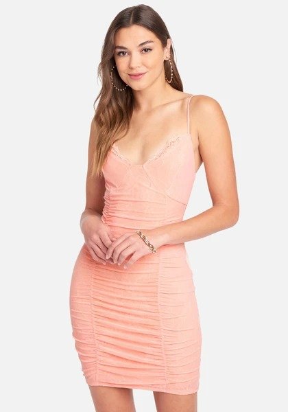 Ruched Lace And Mesh Dress