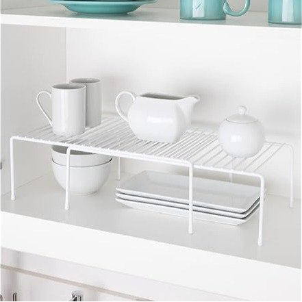 Smart Design Kitchen Storage Expandable Shelf Rack w/ Scratch Resistant Feet - Steel - Rust Resistant Finish - for Cups, Dishes, Cabinet & Pantry Organization - Kitchen (16 x 32.5) [White]