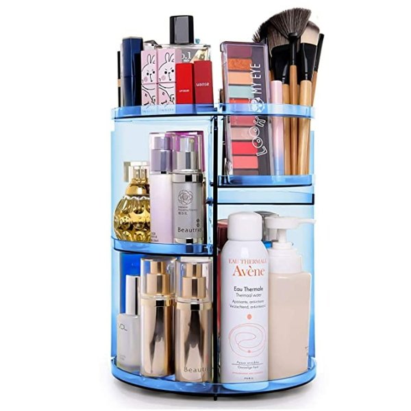 360 Rotating Makeup Organizer, Makeup Carousel Spinning Holder Storage Rack, Large Capacity Make up Caddy Shelf Cosmetics Organizer, Great for Countertop, Blue