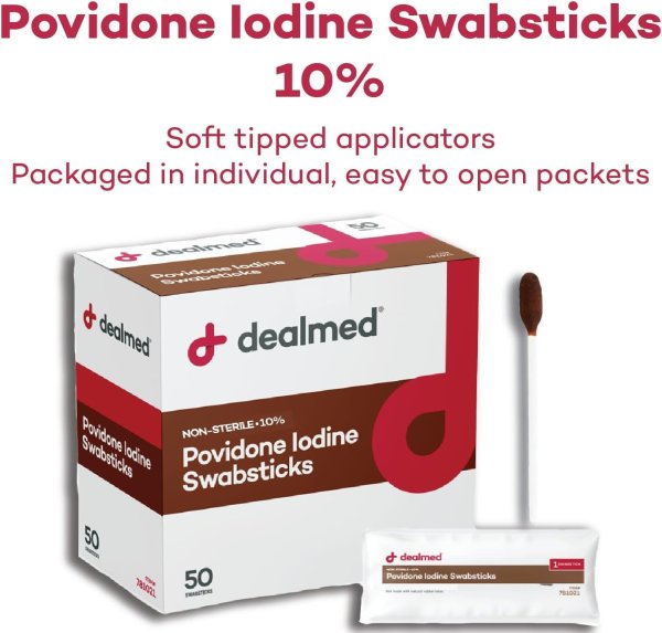 Povidone Iodine 10% Swabsticks - Individually Sealed Packets Perfect for Wound Care and Portable First Aid Kits, 50/Box (Pack of 1)