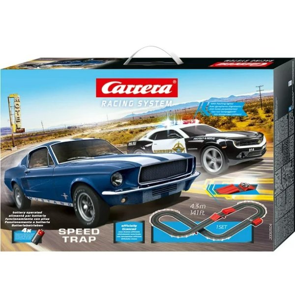 Battery Operated 1:43 Scale Speed Trap Slot Car Race Track Set w/ Jump Ramp featuring Ford Mustang versus Chevrolet Camaro Sheriff