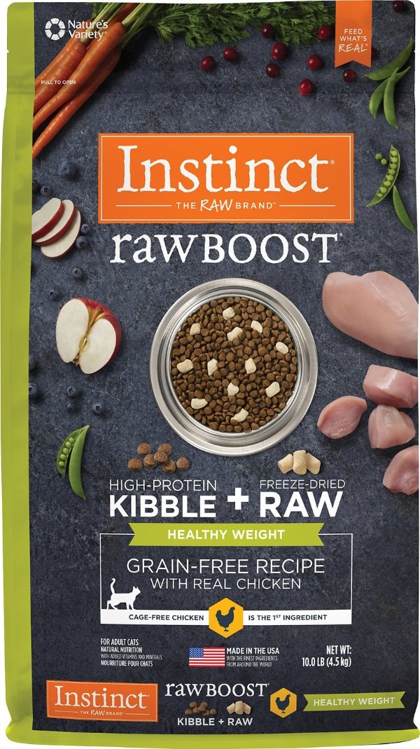 Raw Boost Healthy Weight Grain-Free Chicken & Freeze-Dried Raw Coated Pieces Recipe Dry Cat Food, 10-lb bag - Chewy.com