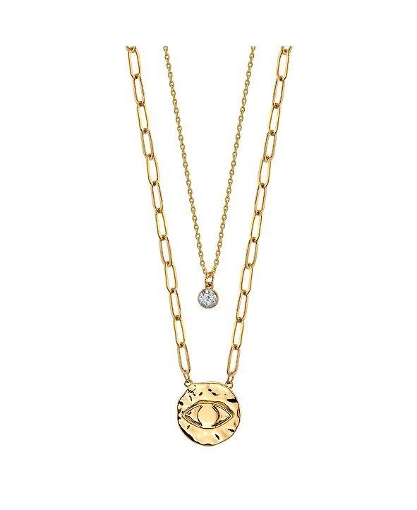Gold Flash Plated Evil Eye Disk Layered Pendant Necklace with Cubic Zirconia Pendant