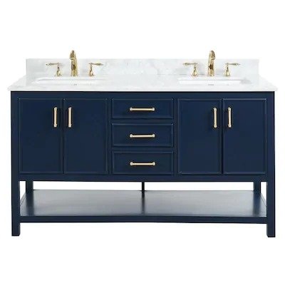 Presnell 61-in Navy Blue Double Sink Bathroom Vanity with Carrara White Natural Marble Top at Lowes.com