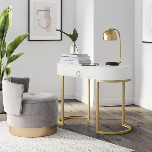 Nathan James Leighton Small Oval Desk with Glam Brass Accents, Vanity or Writing Desk for Home Office, White/Gold