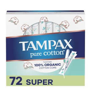 Tampax Pure Cotton Tampons, Contains 100% Organic Cotton Core, Super Absorbency, unscented, 24 Count x 3 Packs (72 Count total)