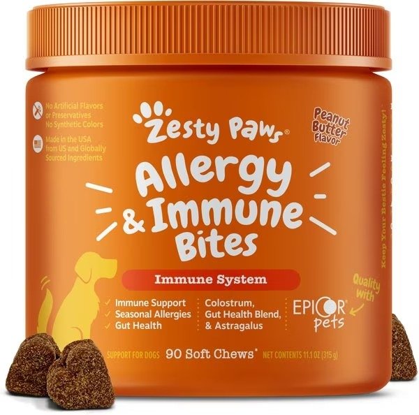 Allergy & Immune Bites Peanut Butter Flavored Soft Chews Allergies, Immune, & Gut Support Supplement for Dogs