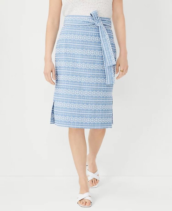 Embroidered Chambray Tie Waist Pencil Skirt | Ann Taylor