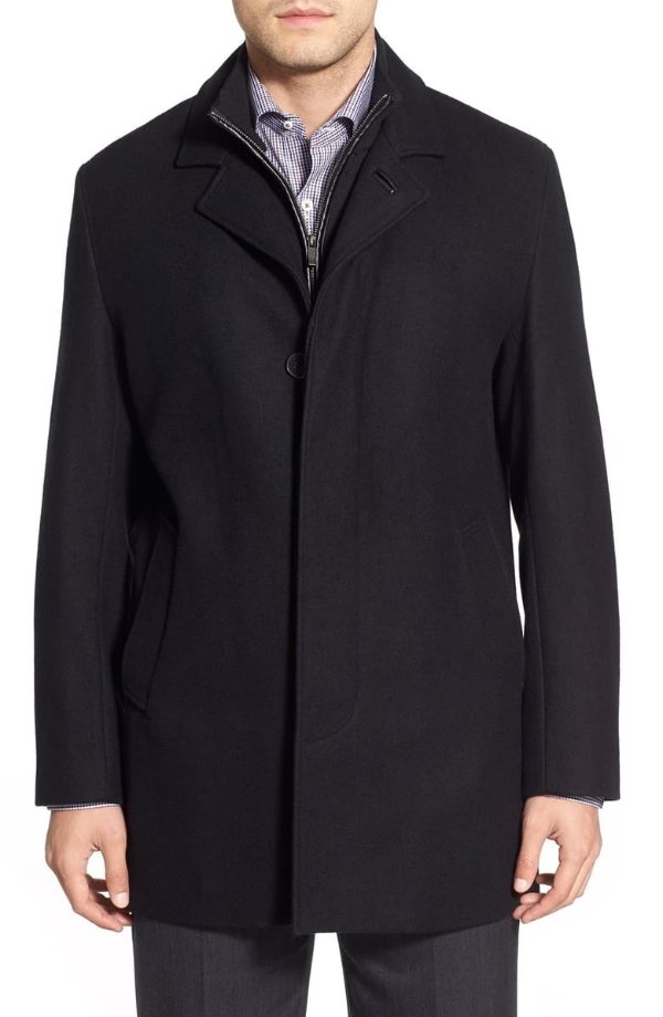 Wool Blend Topcoat with Inset Knit Bib