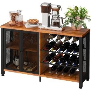 VEVOR Industrial Bar Cabinet Wine Bar Cabinet Table w/ Wine Rack & Glass Holder | VEVOR US