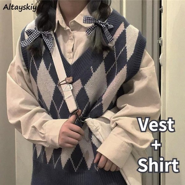 11.98US $ 5% OFF|Fall Sets Women Harajuku Retro Chic Sweater Vest Shirt 2 Piece Outfits All-match Schoolgirls Popular Ins Stylish V-neck Teens - Dress Sets - AliExpress