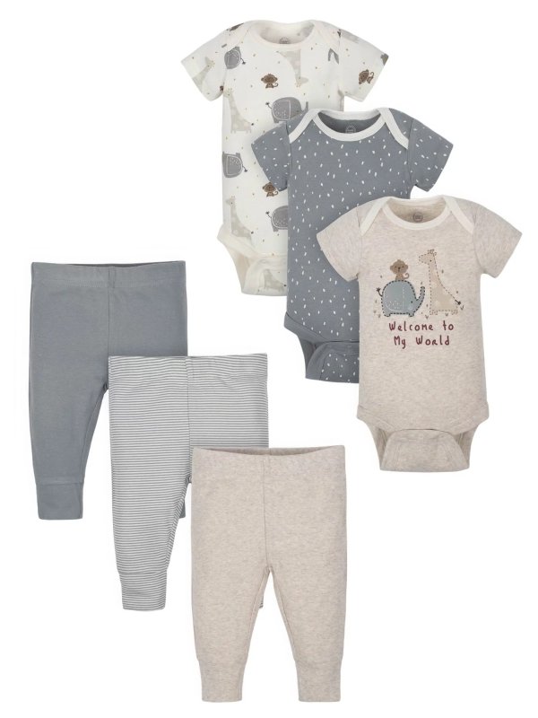 Baby Unisex Short Sleeve Bodysuit and Pants Gift Set, 6-Piece, Sizes 0M-24M