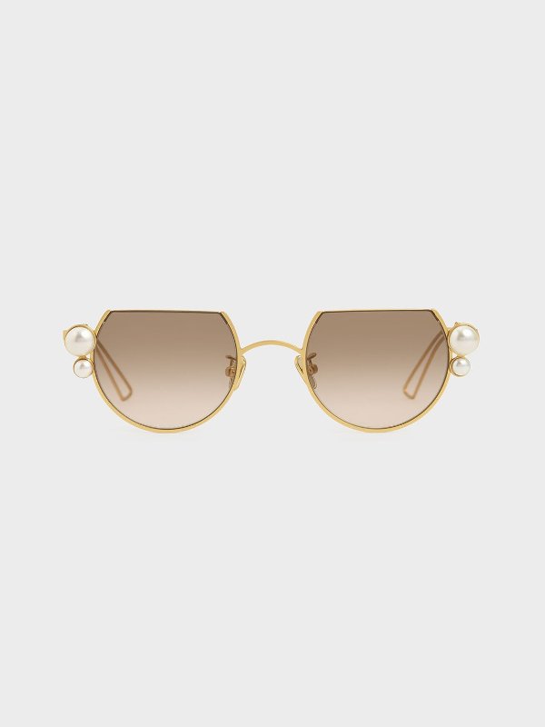 Gold Swarovski&#xfffd; Crystal Pearl Embellished Cut-Off Round Sunglasses