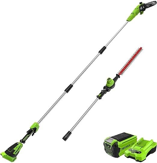 40V 10" Brushless Polesaw + Pole Hedge Trimmer Combo (Great For Pruning and Trimming Branches / Shrubs), 2.5Ah Battery and Charger Included