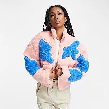 Project Uphoria abstract print sherpa fleece jacket in coral
