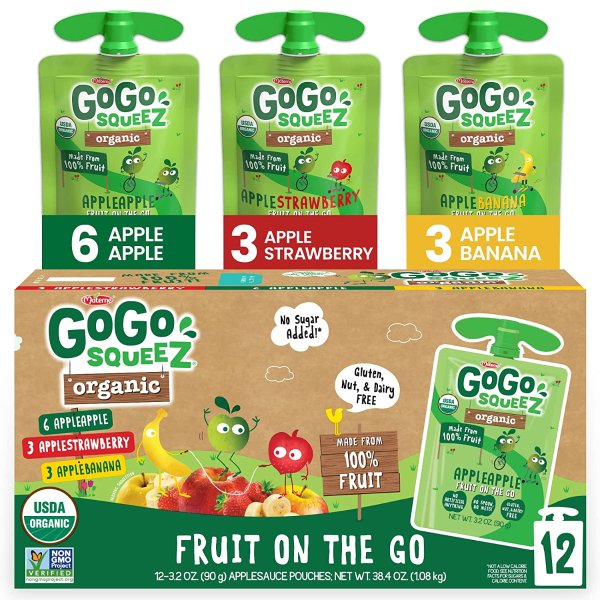 GoGo squeeZ Organic Fruit on the Go Variety Pack, Apple/Banana/Strawberry, 3.2 oz. (12 Pouches)