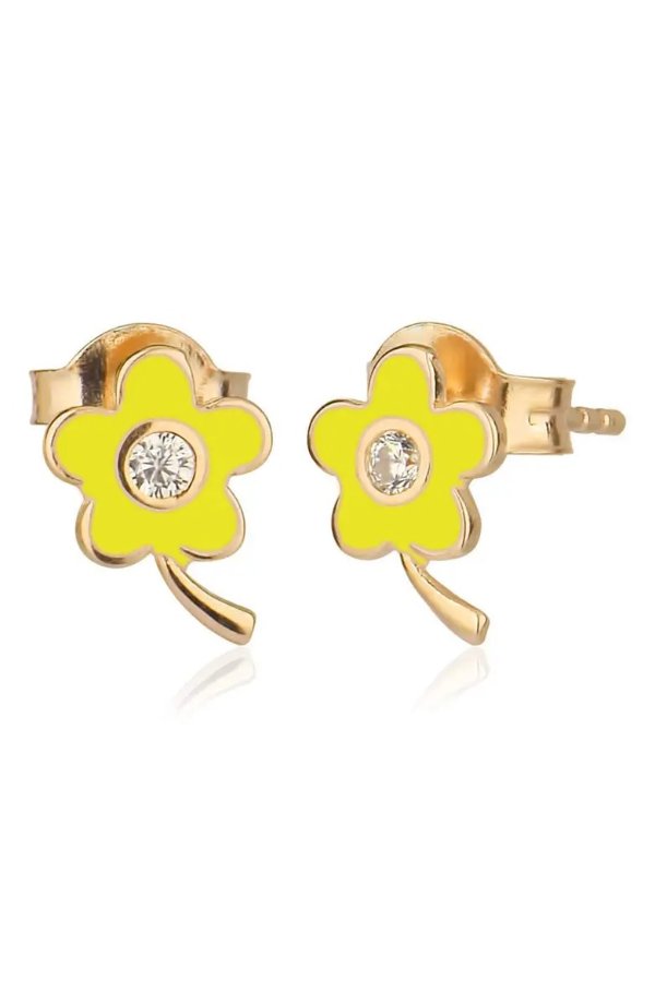 14K Gold Plated Sterling Silver & CZ Yellow Flower Stud Earrings