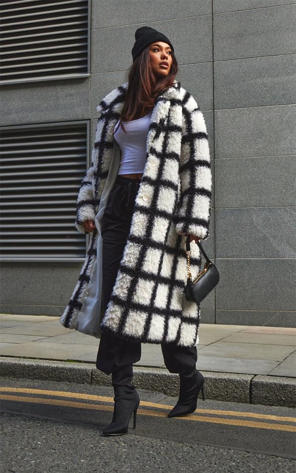 White And Black Checkerboard Faux Shearling Coat
