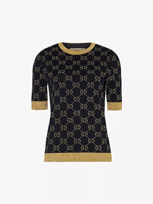 Monogram-pattern ribbed-trim cotton-blend knitted top
