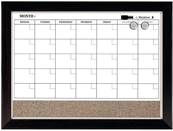 Combination Magnetic Whiteboard Calendar & Corkboard, 17" x 23" Combo Dry Erase White Board & Cork Bulletin Board, Perfect for Office, Home School Message Board, Wood Frame (22476)