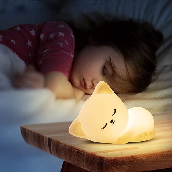 Cute Kitty Kids Night Light, Cat Kawaii Birthday Gifts Room Decor Bedroom Decorations for Baby Toddler Teens Girls Boys Children, LED Color Changing Animal Portable Squishy Silicone Lamp-Tap Control