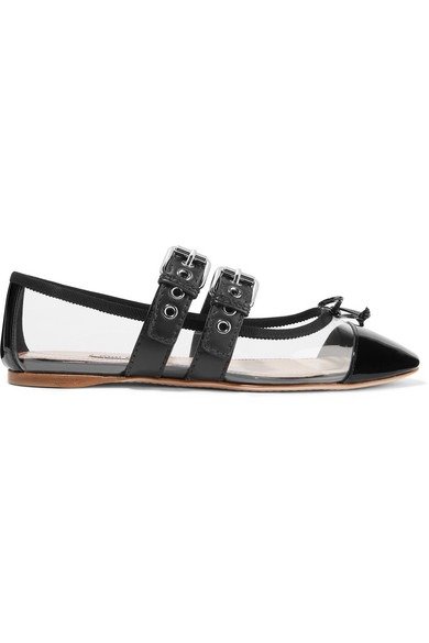 Buckled PVC and leather ballet flats