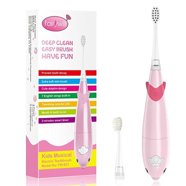 Children Electric Toothbrushes for Kids with 7 Popular Songs, Smart Timer, 2 Brush Heads in Pink