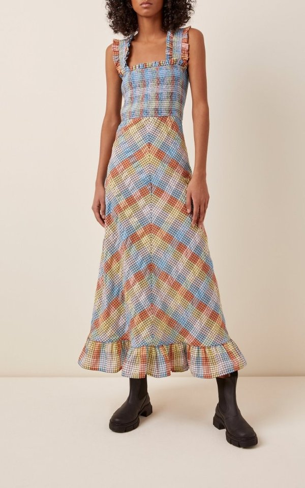 Seersucker Plaid Cotton-Blend Midi Dress