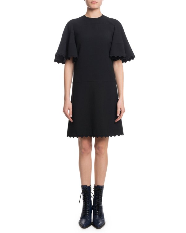 Short-Sleeve Scallop Detail A-Line Light-Cady Short Dress