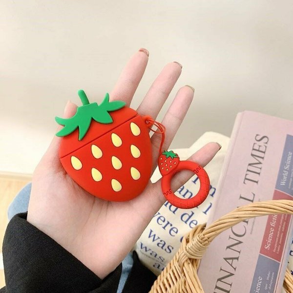 Cute cartoon fruit Shockproof Silicone Cover Earphone Case For Apple AirPods (Strawberry)