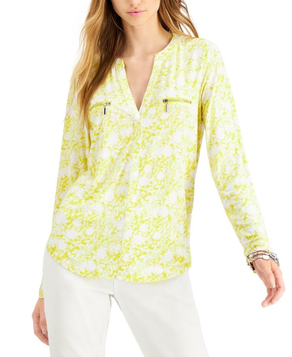 INC Floral Printed Zip-Detail Top, Created for Macy's