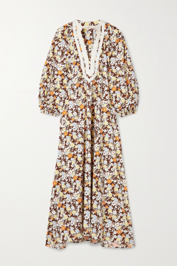 Grosgrain-trimmed floral-print cotton midi dress
