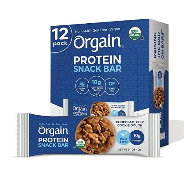 Organic Plant Based Protein Bar, Chocolate Chip Cookie Dough - Vegan, Gluten Free, Non Dairy, Soy Free, Lactose Free, Kosher, Non-GMO, 1.41 Ounce, 12 Count (Packaging May Vary)