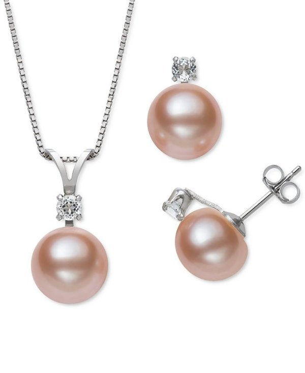 2-Pc. Set White Cultured Freshwater Pearl (9-10mm) & White Topaz Accent Pendant Necklace & Matching Stud Earrings in Sterling Silver (Also in Pink and Dyed Black Cultured Freshwater Pearl)