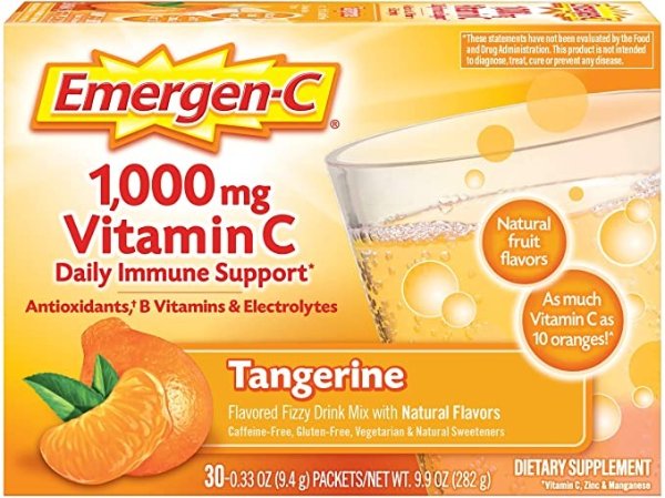 1000mg Vitamin C Powder, with Antioxidants, B Vitamins and Electrolytes, Vitamin C Supplements for Immune Support, Caffeine Free Fizzy Drink Mix, Tangerine Flavor, 0.33 Ounce (Pack of 30)
