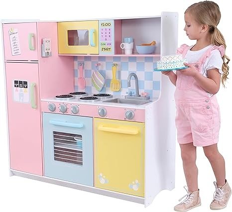 Wooden Large Pastel Play Kitchen with Turning Knobs, See-Through Doors and Play Phone Gift for Ages 3+