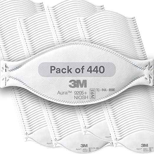 Aura Particulate Respirator 9205+, N95, Pack of 440 Disposable Respirators, Individually Wrapped, 3 Panel Flat Fold Design Allows for Facial Movements, Comfortable, NIOSH Approved