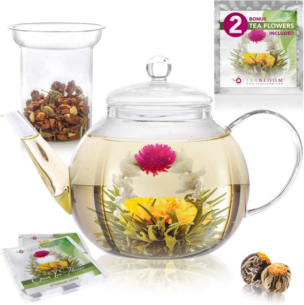 Teabloom Stovetop & Microwave Safe Glass Teapot (40 OZ / 1.2 L)