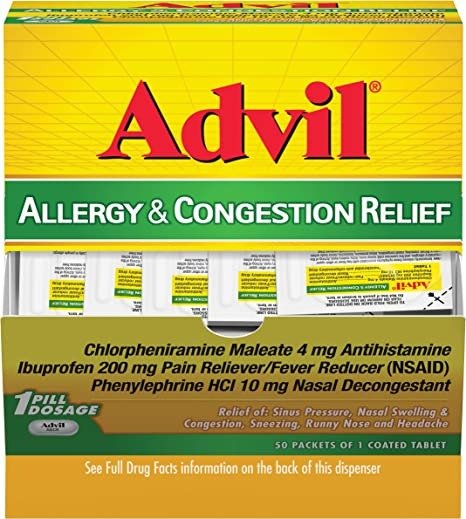 Respiratory Allergy and Congestion Pain Relief Coated Tablets, Fever Reducer with Ibuprofen, Phenylephrine, HCl & Chlorpheniramine Maleate 4 mg, 50 Count