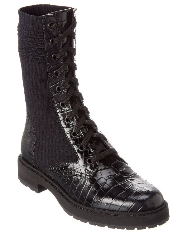 FF Motif Croc-Embossed Leather Boot