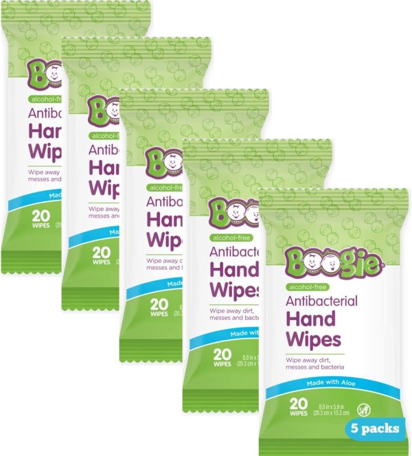 Antibacterial Hand Wipes by Boogie, Alcohol Free, Hypoallergenic and Moisturizing Aloe, Hand Wipes for Kids and Adults, 5 Packs of 20 (100 Total Wipes)