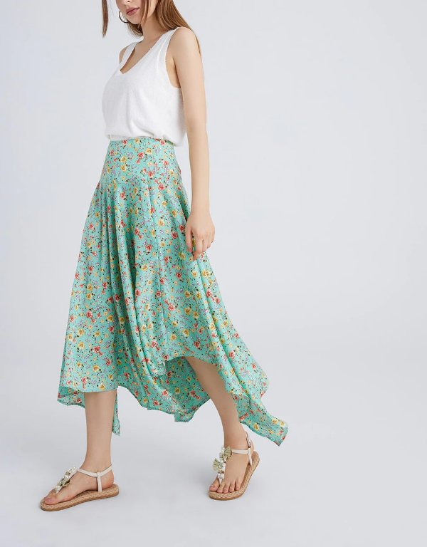 Floral Print Asymmetrical Hem Skirt