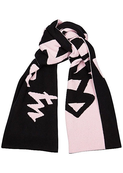 Black and pink logo-intarsia wool scarf